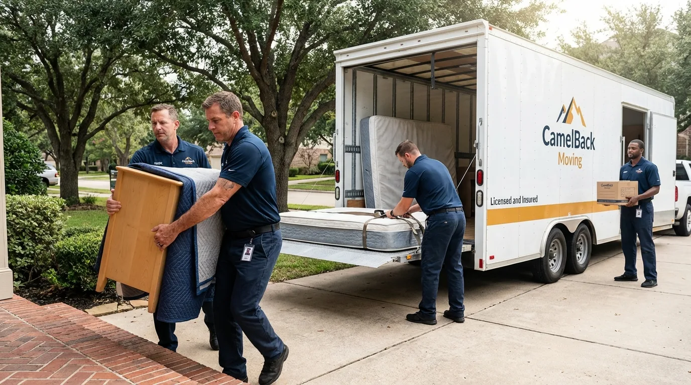 Crew loading residential truck for cross-state move from Madrid, IA