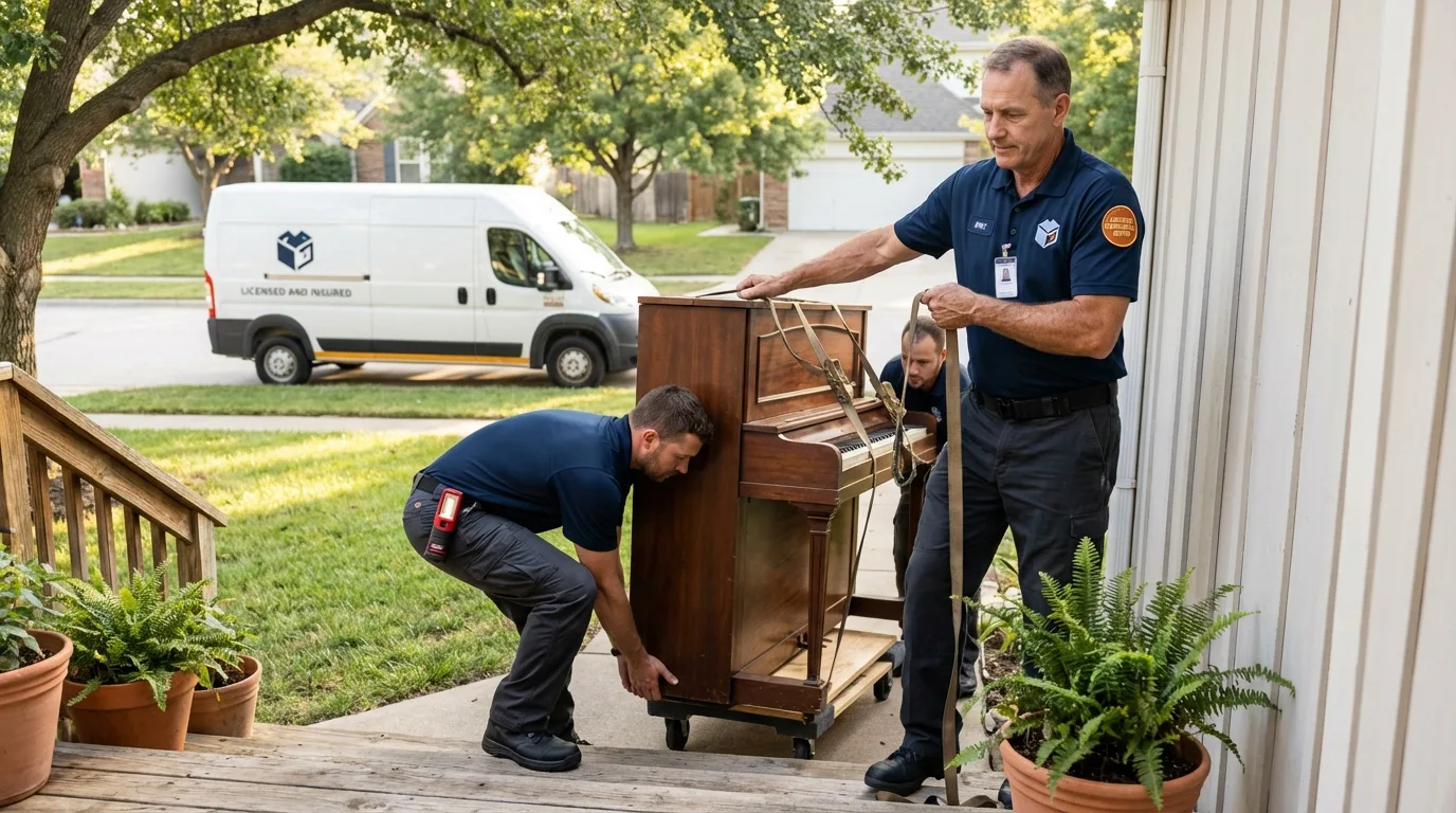 Licensed piano movers securing grand piano in Madrid, IA