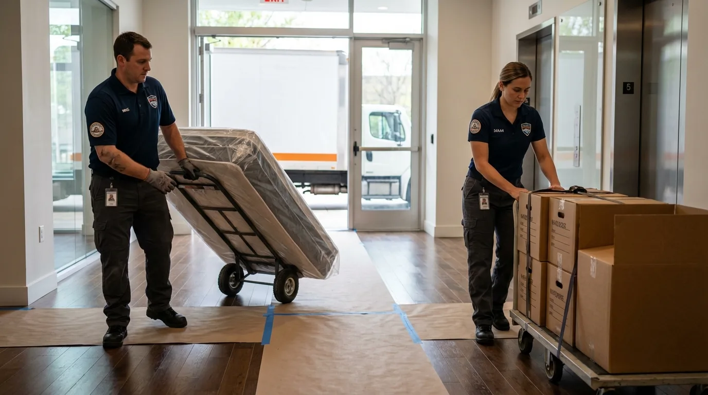 Professional apartment movers loading elevator in Madrid, IA